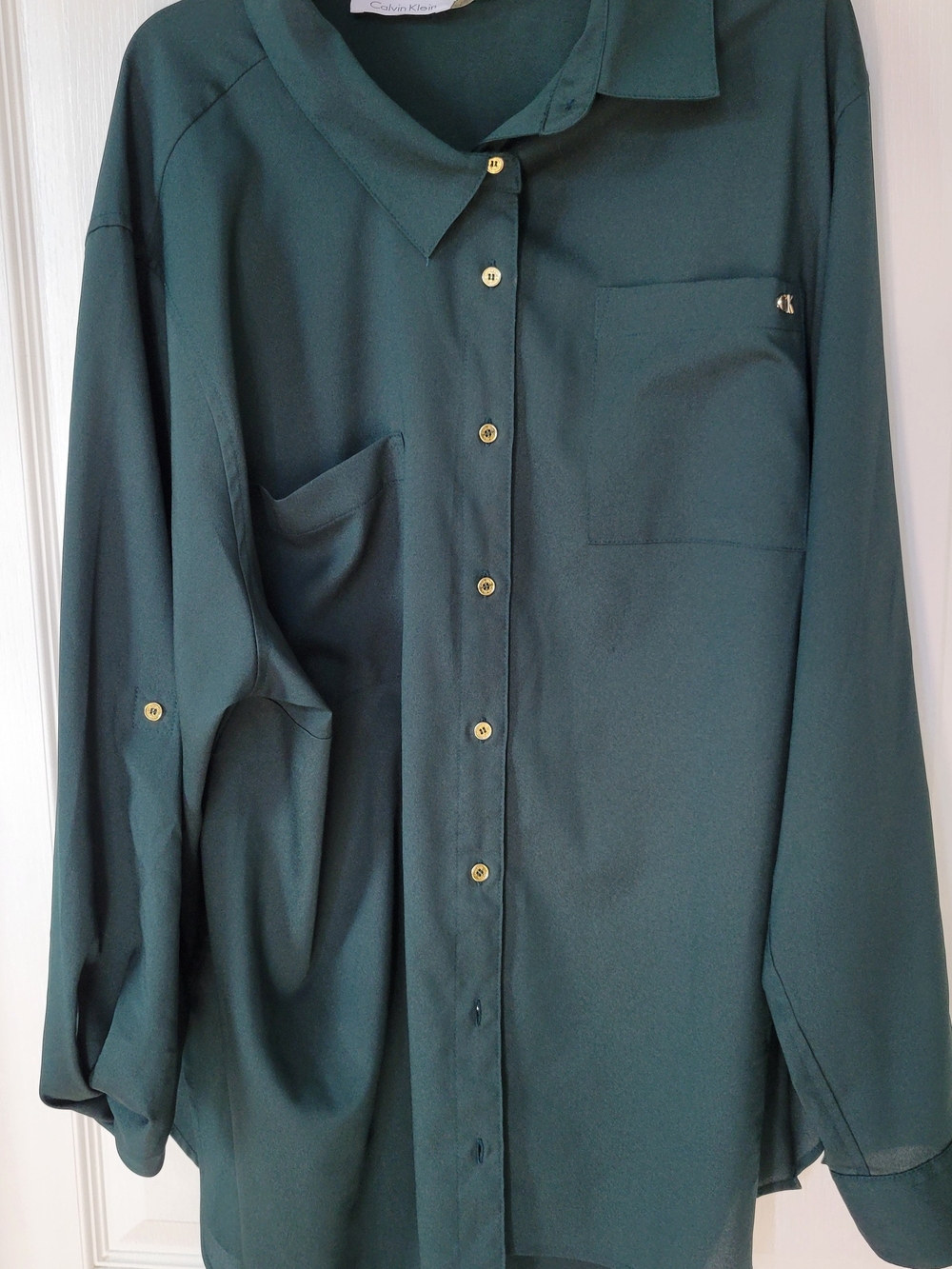 Calvin Klein Women's Roll-Sleeve Tunic Blouse - Dark Green/Teal, Size XL